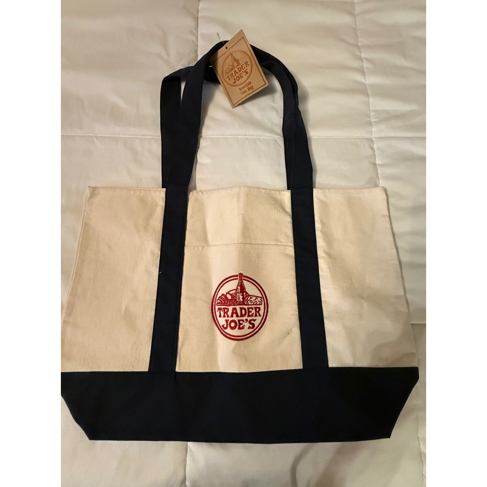 Trader Joe's Reusable Canvas Tote Bag Navy Blue Cream Embroidered Logo NWT